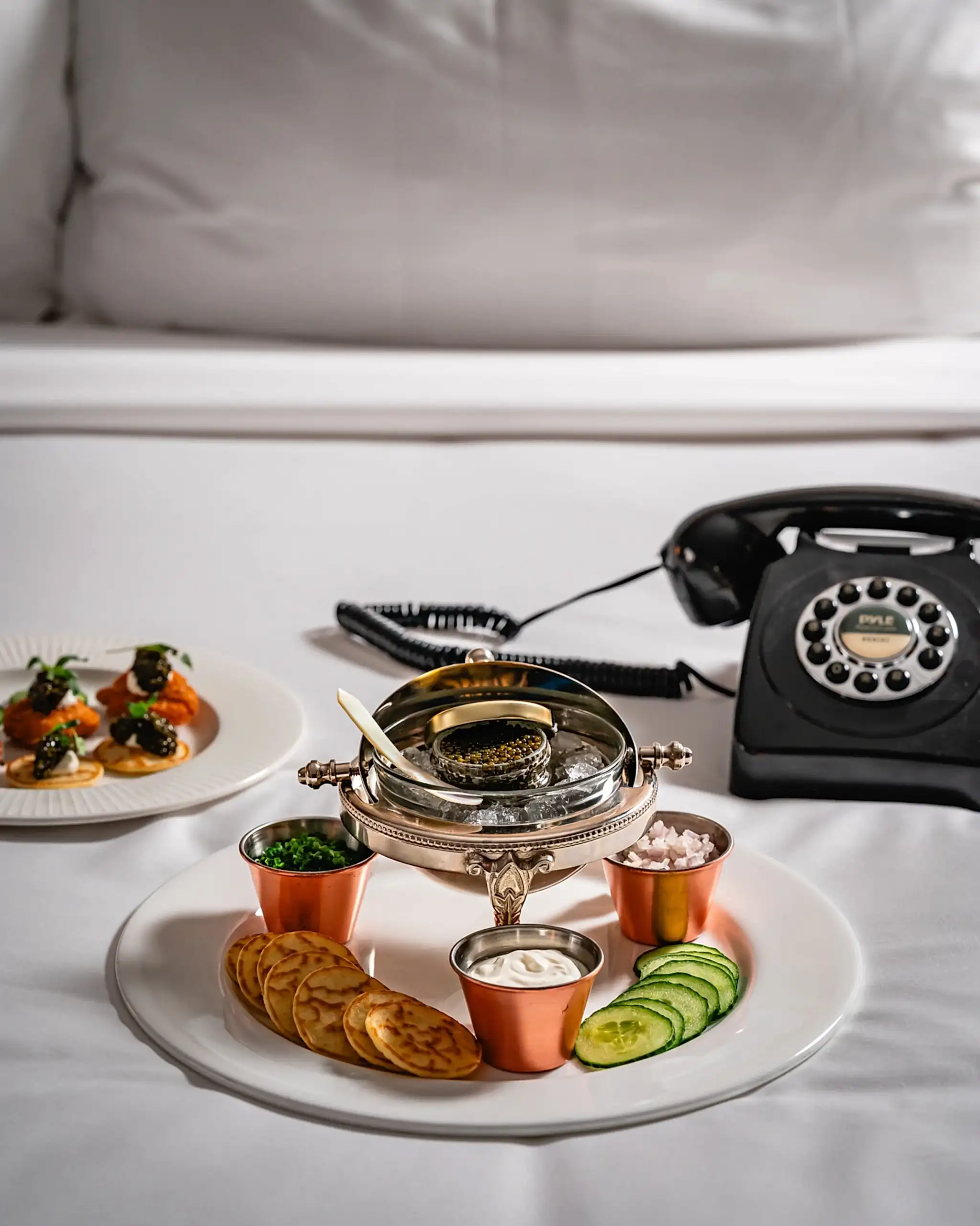 caviar and champagne serving set offered at the Park Lane Hotel in New York City.
