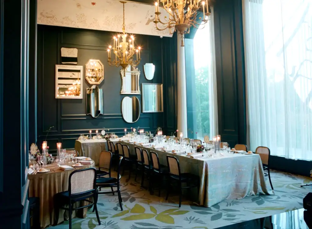 set up for a formal dinner or a small wedding reception at the Park Lane Hotel in New York City in the Park Room.